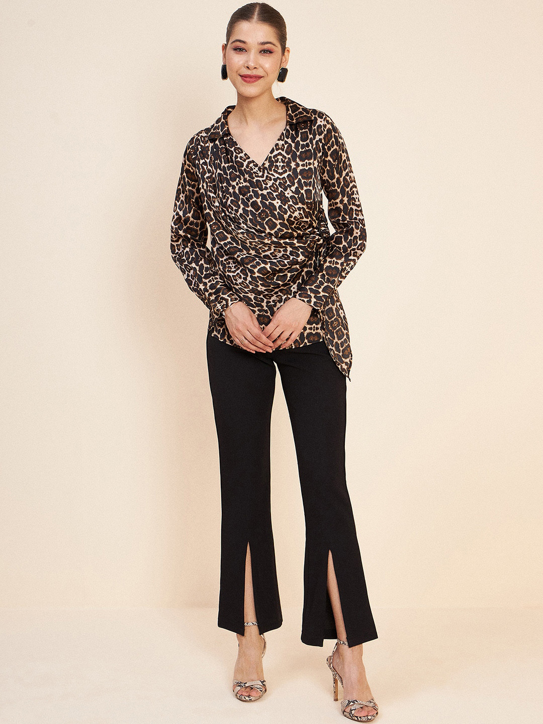 

Antheaa Beige Animal Printed Wrap Top With Trousers Co-Ords