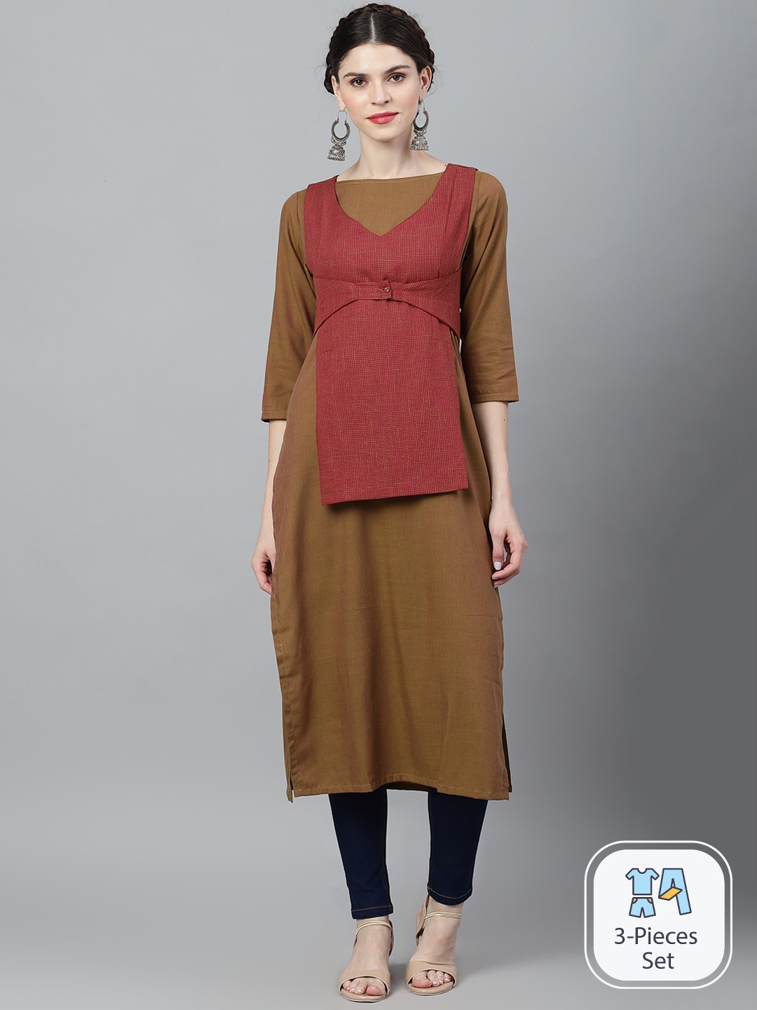 

AKS Boat Neck Kurta With Jacket, Olive