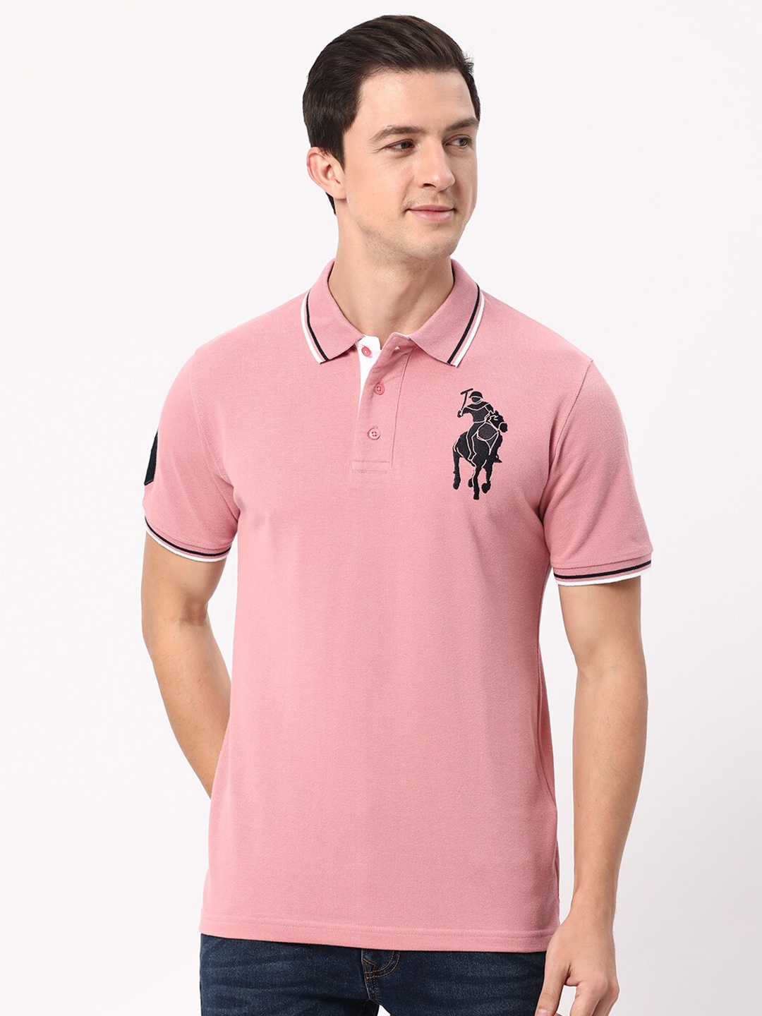 

R&B Polo Collar Embroidered Detail T-shirt, Pink