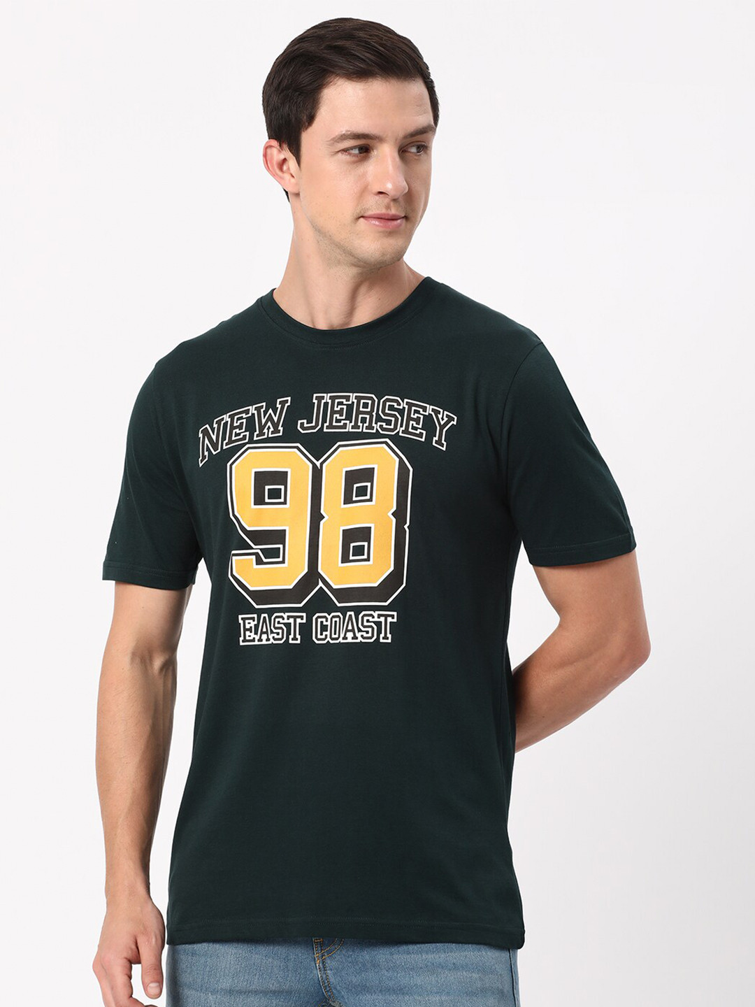 

R&B Typography Printed Round Neck Cotton Regular T-shirt, Green