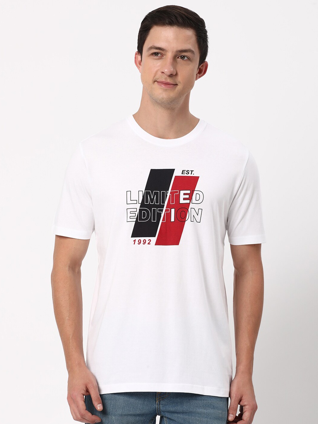 R&B Typography Printed Henley Neck Cotton Regular T-shirt, White