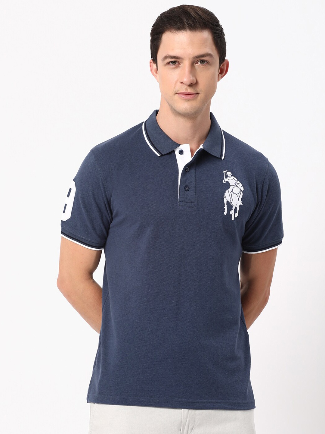 

R&B Logo Printed Polo Collar Cotton Regular T-shirt, Blue