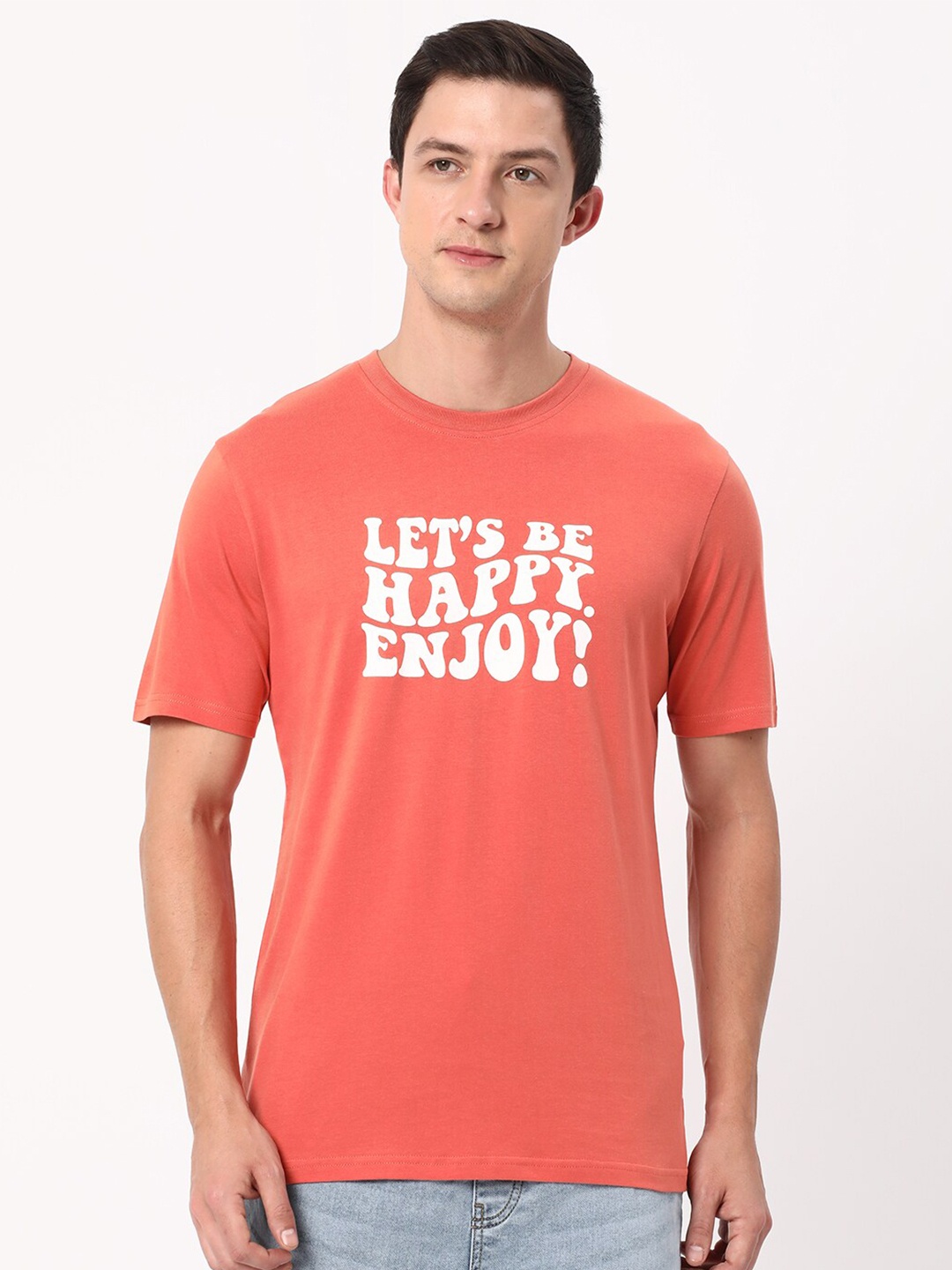 

R&B Typography Printed Round Neck Cotton Regular T-shirt, Peach