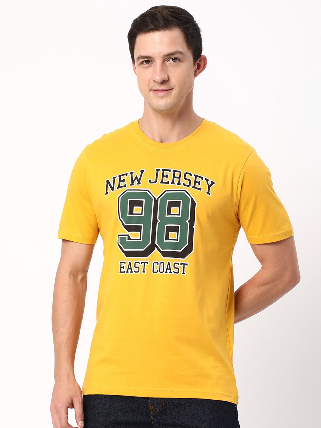 

R&B Typography Printed Round Neck Cotton Regular T-shirt, Yellow