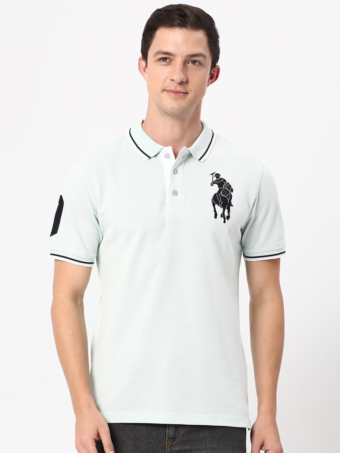 

R&B Logo Printed Polo Collar Cotton Regular T-shirt, Turquoise blue