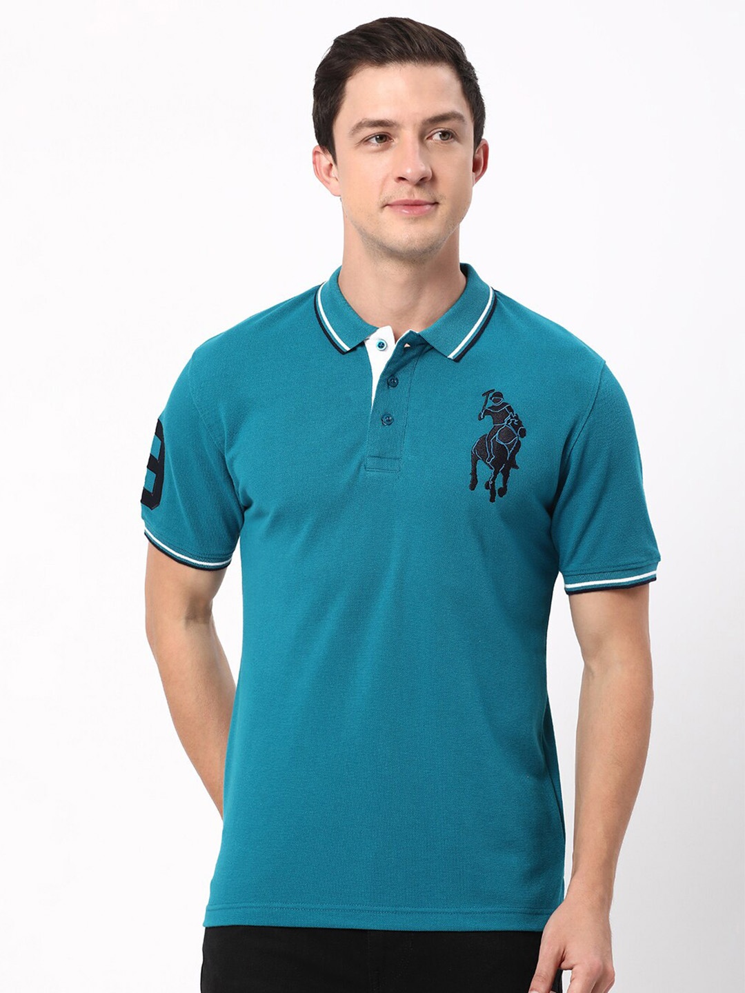 

R&B Polo Collar Cotton T-shirt, Turquoise blue