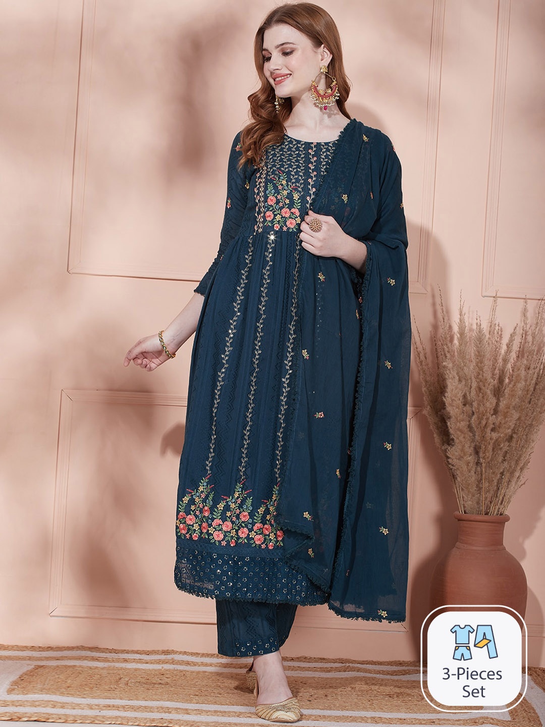 

FASHOR Floral Embroidered A-Line Kurta & Trousers With Dupatta, Teal