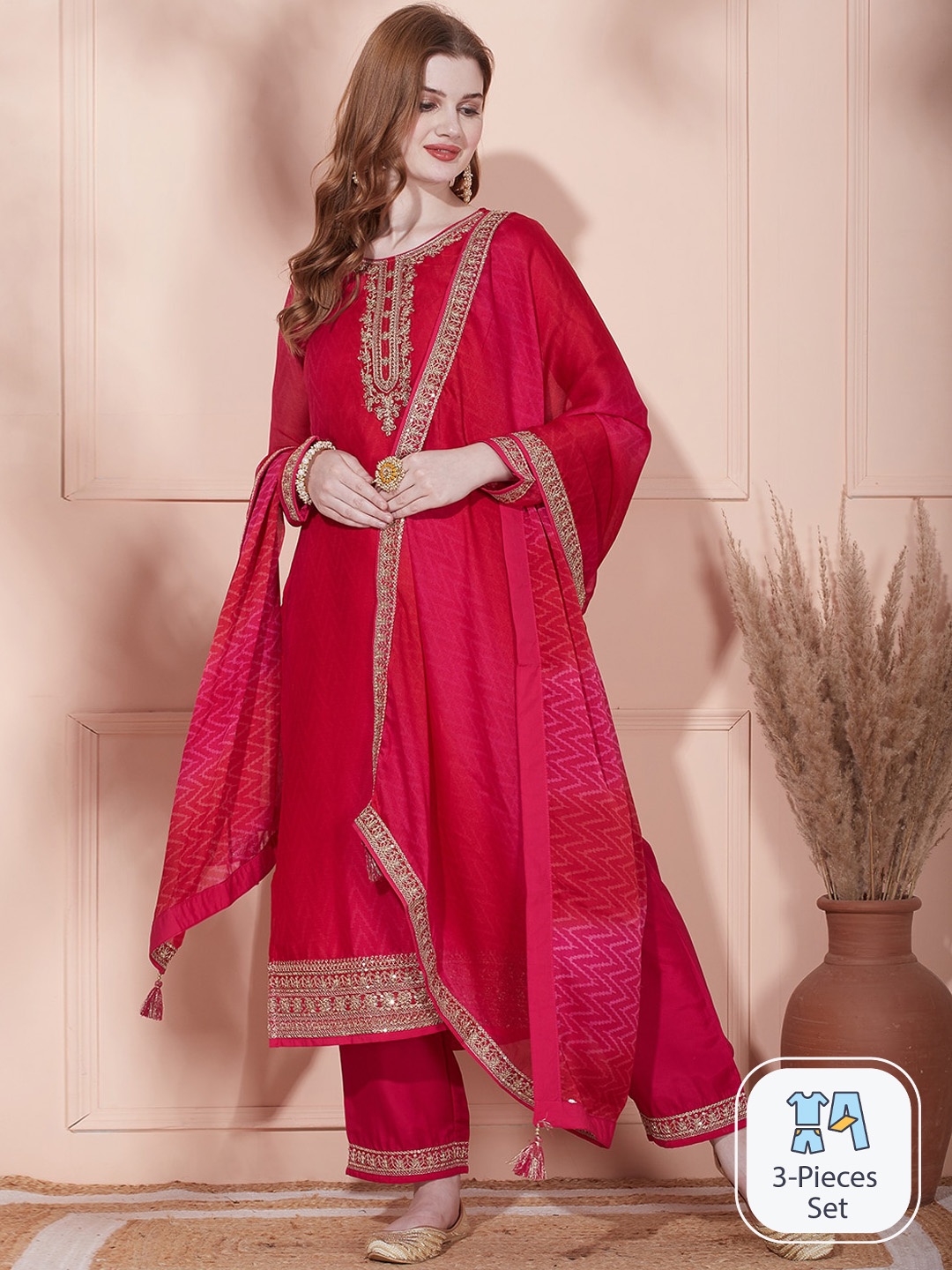 

FASHOR Ethnic Motifs Yoke Design Thread Work Straight Kurta & Trousers With Dupatta, Pink