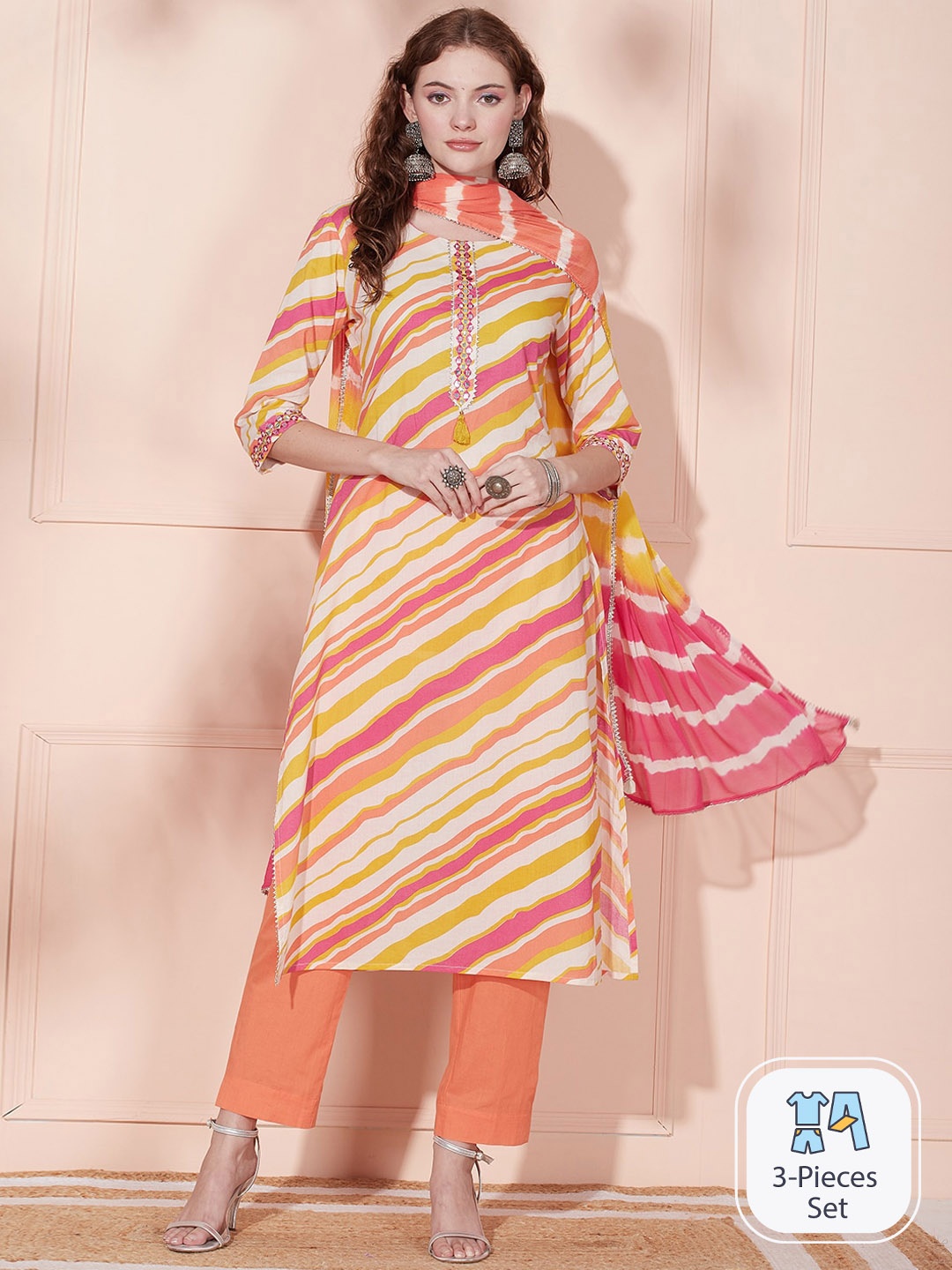 

FASHOR Leheriya Printed Mirror Work Pure Cotton Sraight Kurta & Trousers With Dupatta, Cream
