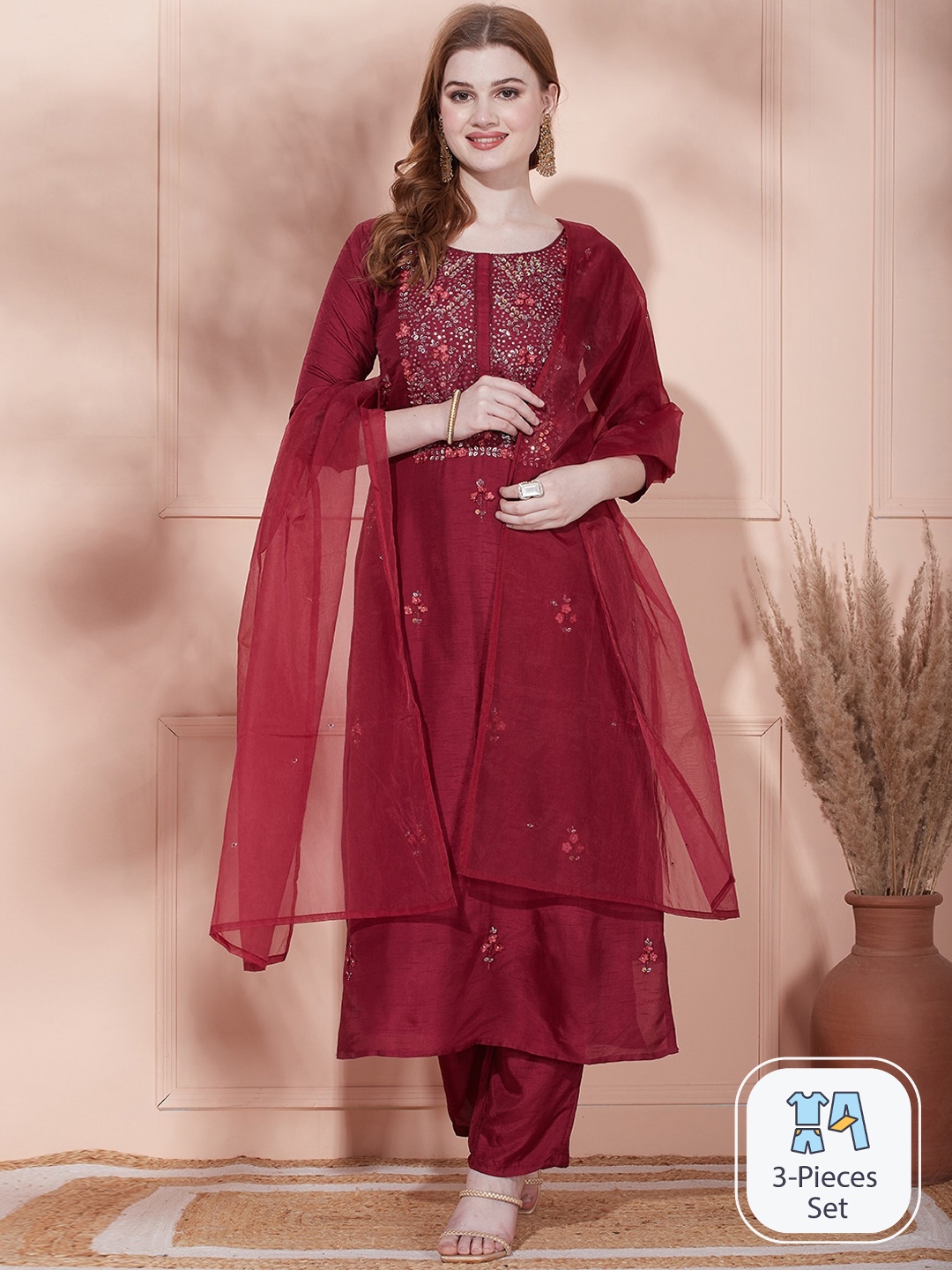 

FASHOR Ethnic Motifs Embroidered Straight Kurta & Trousers With Dupatta, Maroon