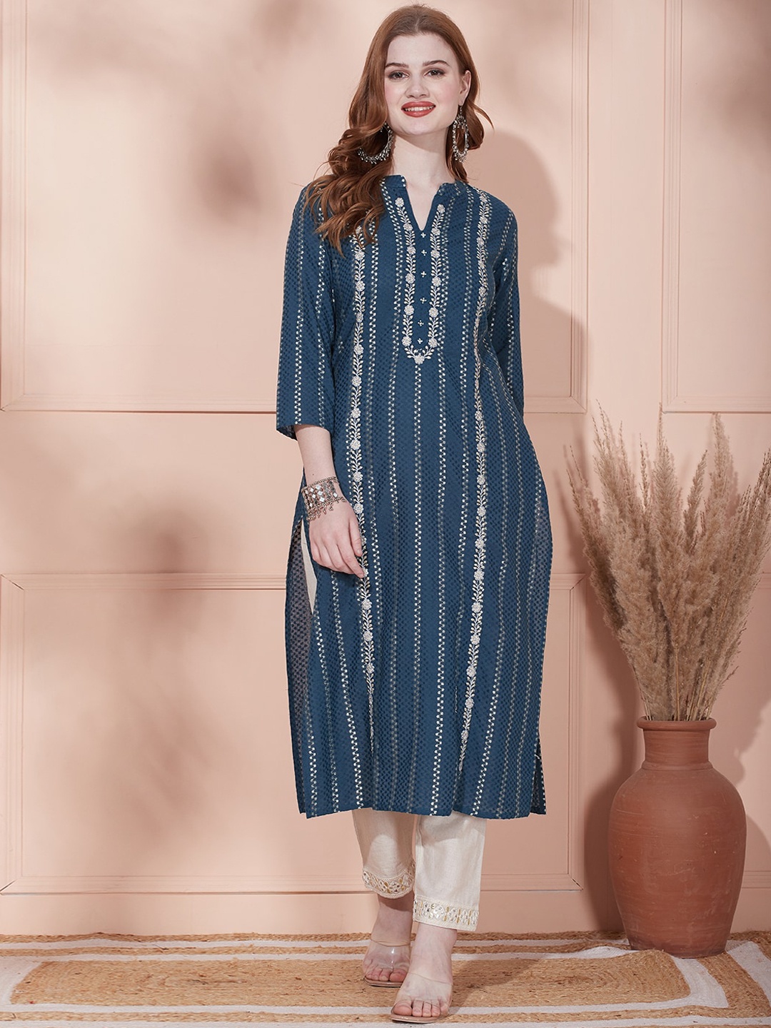 

FASHOR Floral Embroidered Sequinned Straight Kurta, Teal