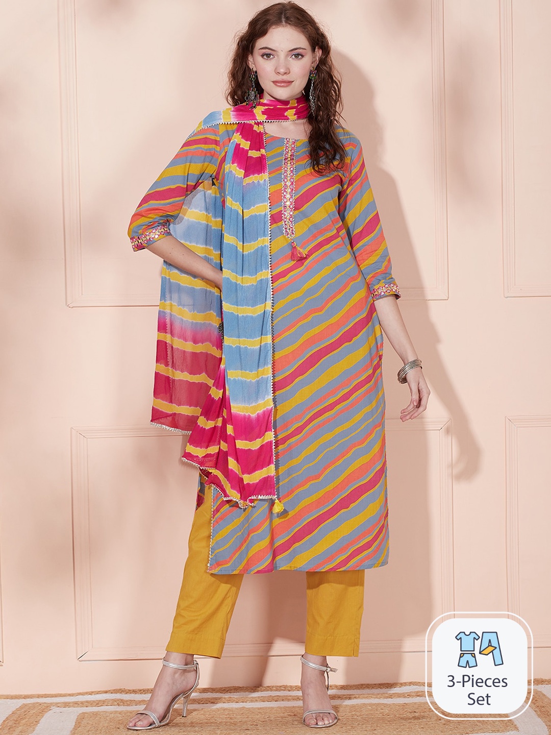 

FASHOR Leheriya Striped Mirror Work Pure Cotton Kurta & Trousers With Dupatta, Grey