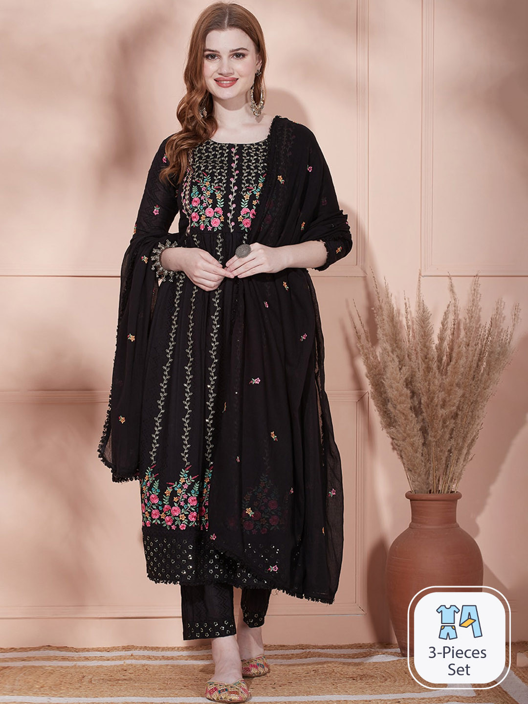 

FASHOR Floral Embroidered Thread Work Pure Cotton Kurta & Trousers With Dupatta, Black
