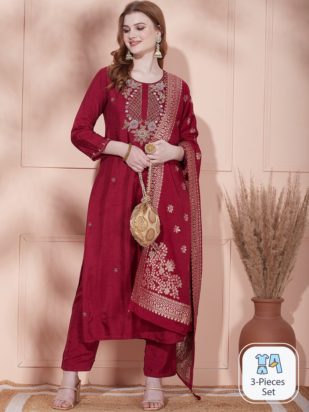 

FASHOR Ethnic Motifs Embroidered Straight Kurta & Trousers With Dupatta, Maroon