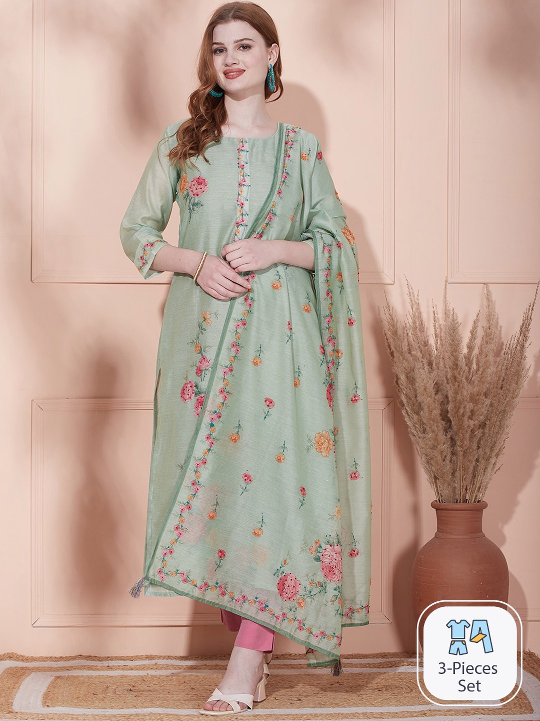 

FASHOR Floral Embroidered Thread Work Kurta With Dupatta, Green