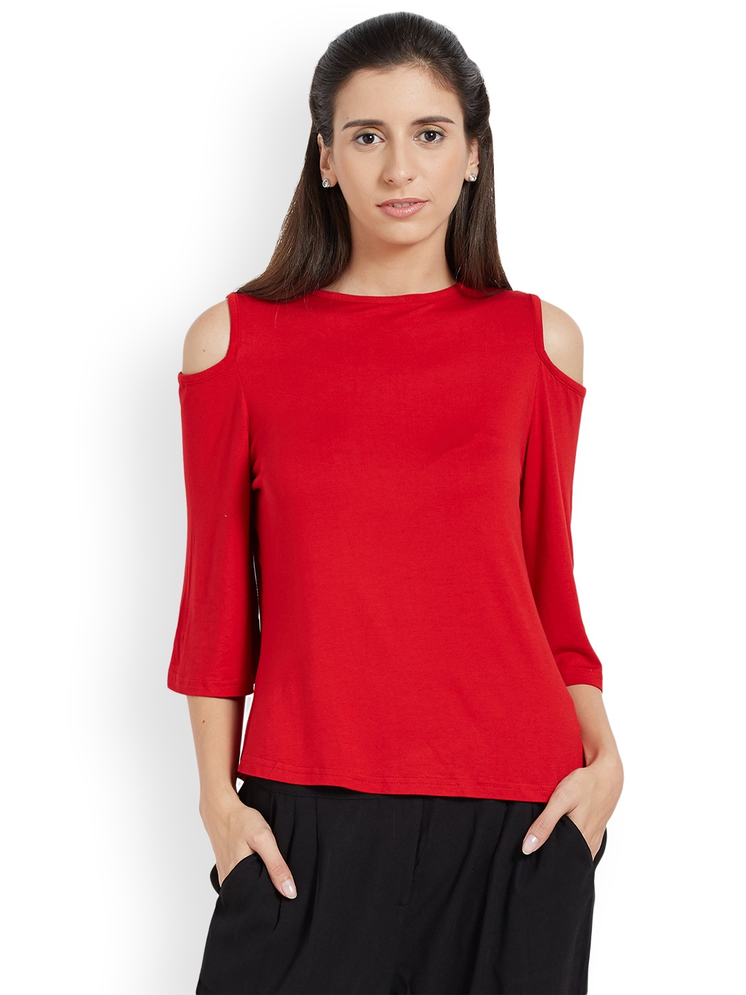 

Globus Women Red Solid Cold Shoulder Top