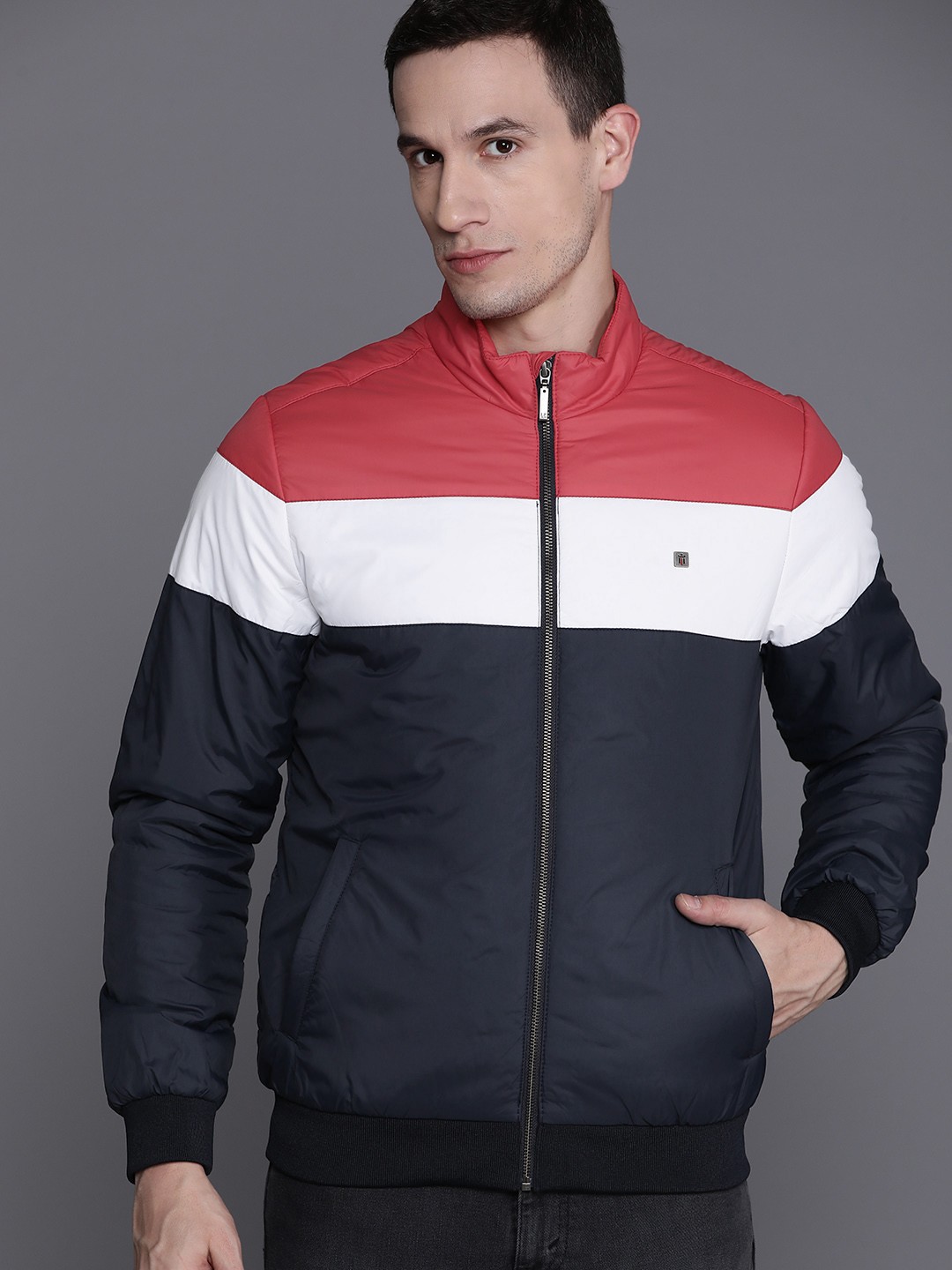

Louis Philippe Jeans Colourblocked Bomber Jacket, Navy blue