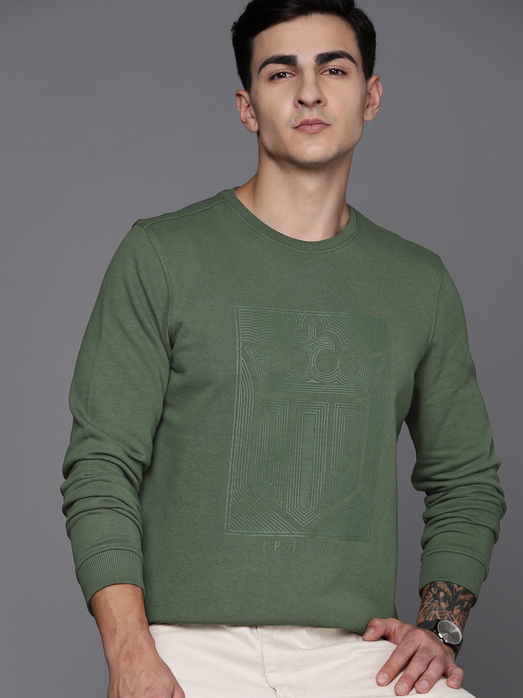 

Louis Philippe Jeans Men Brand Logo Printed Sweatshirt, Olive