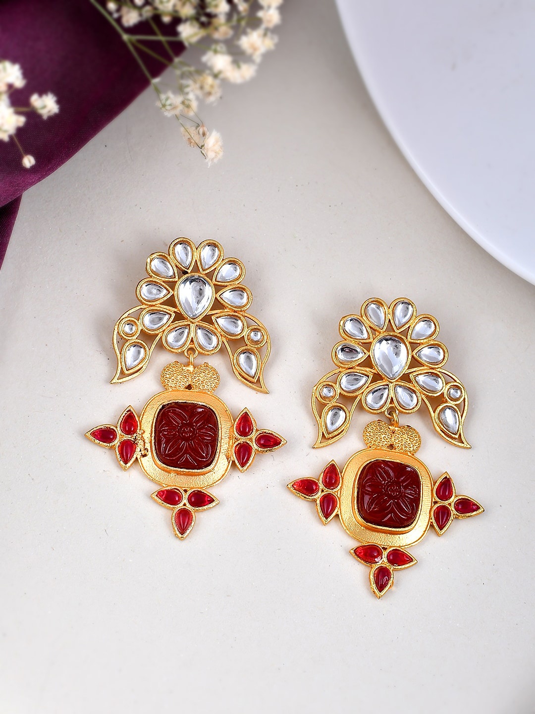 

Silvermerc Designs Gold Pleated Kundan Contemporary Drop Earrings, Red