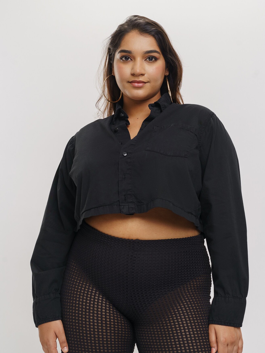 

FREAKINS Plus Size Black Shirt Collar Pure Cotton Shirt Style Crop Top