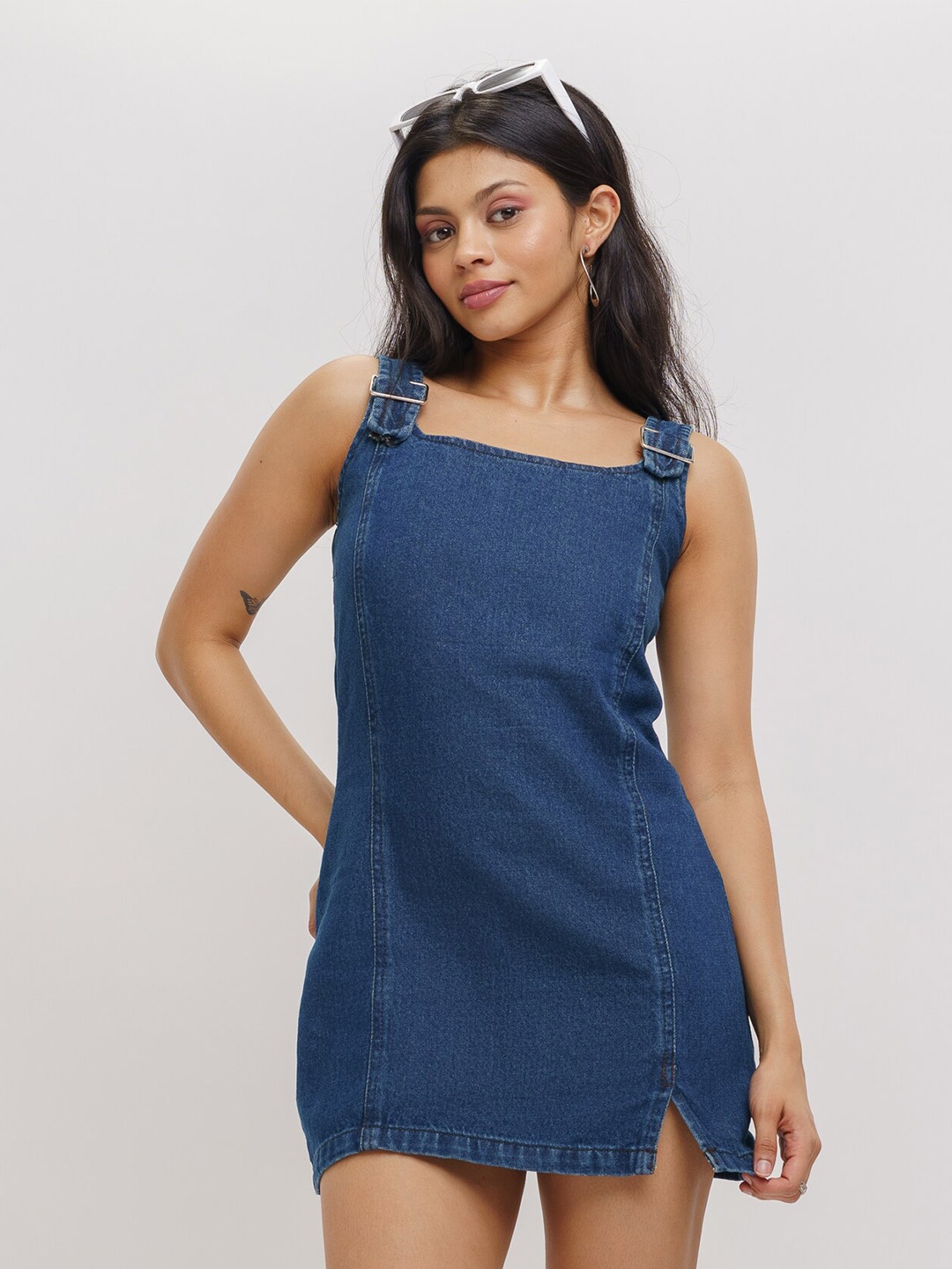 

FREAKINS Blue Square Neck Pure Cotton Denim Sheath Mini Dress