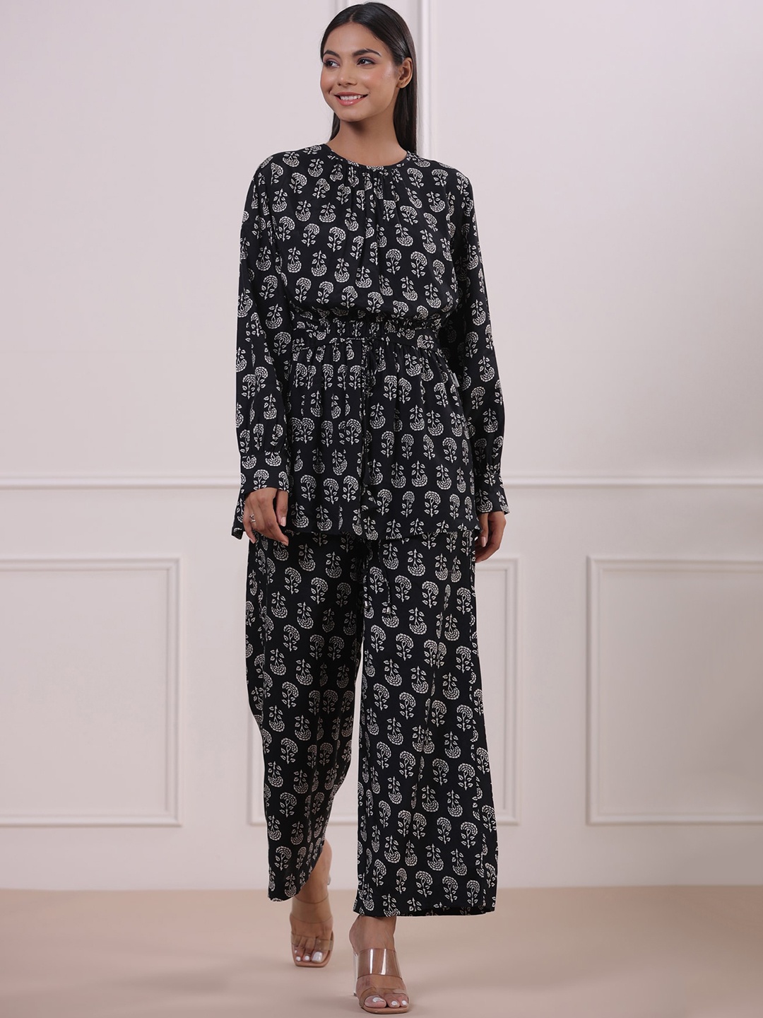 

JISORA Black Printed Pure Silk Top & Palazzos