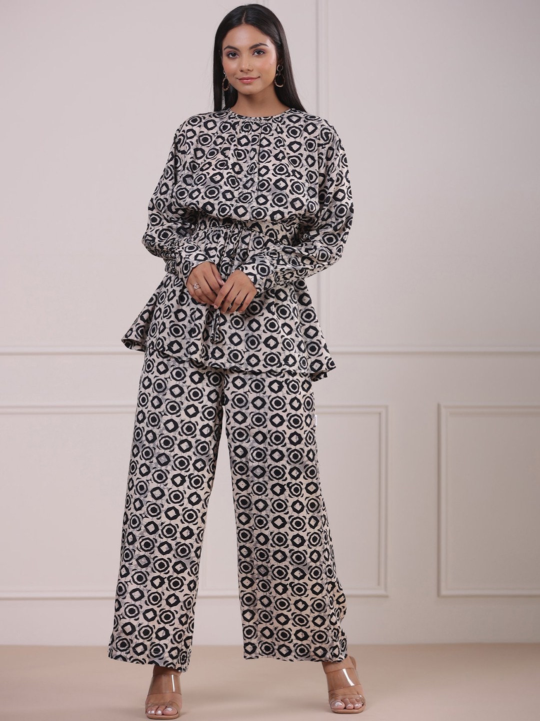 

JISORA Black Printed Pure Silk Top & Palazzos