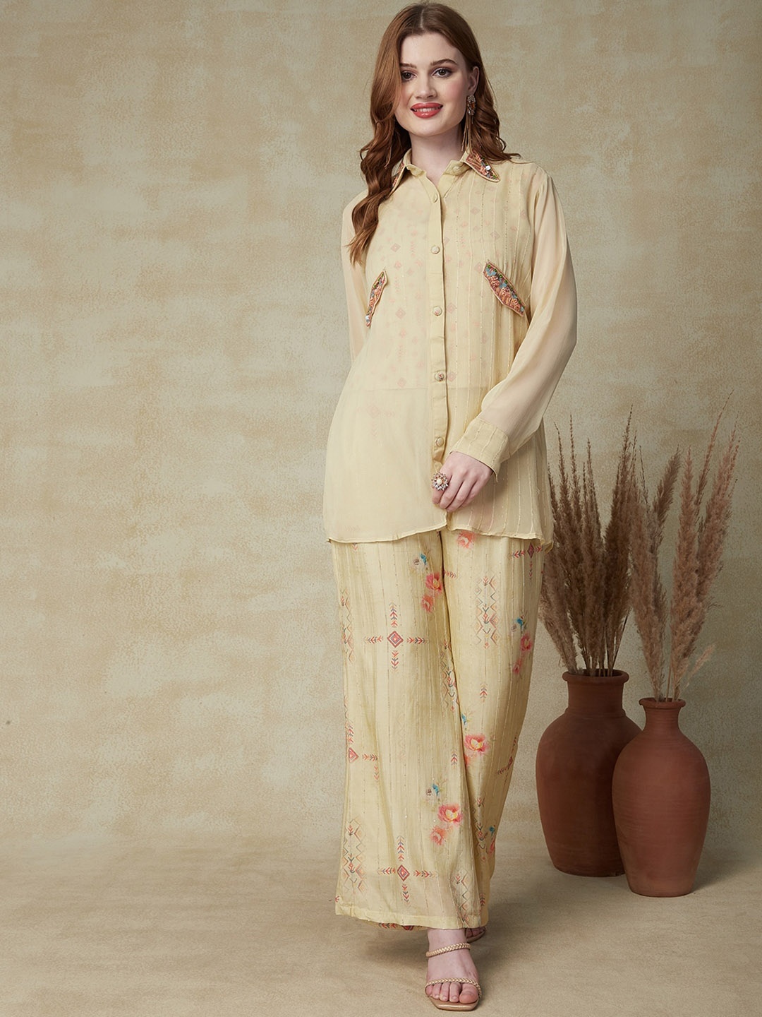 

FASHOR Printed Shirt With Palazzo, Yellow