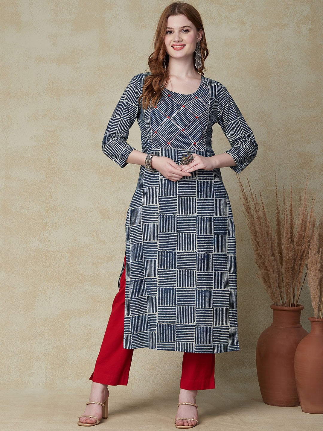 

FASHOR Abstract Printed Straight Regular Cotton Kurta, Blue
