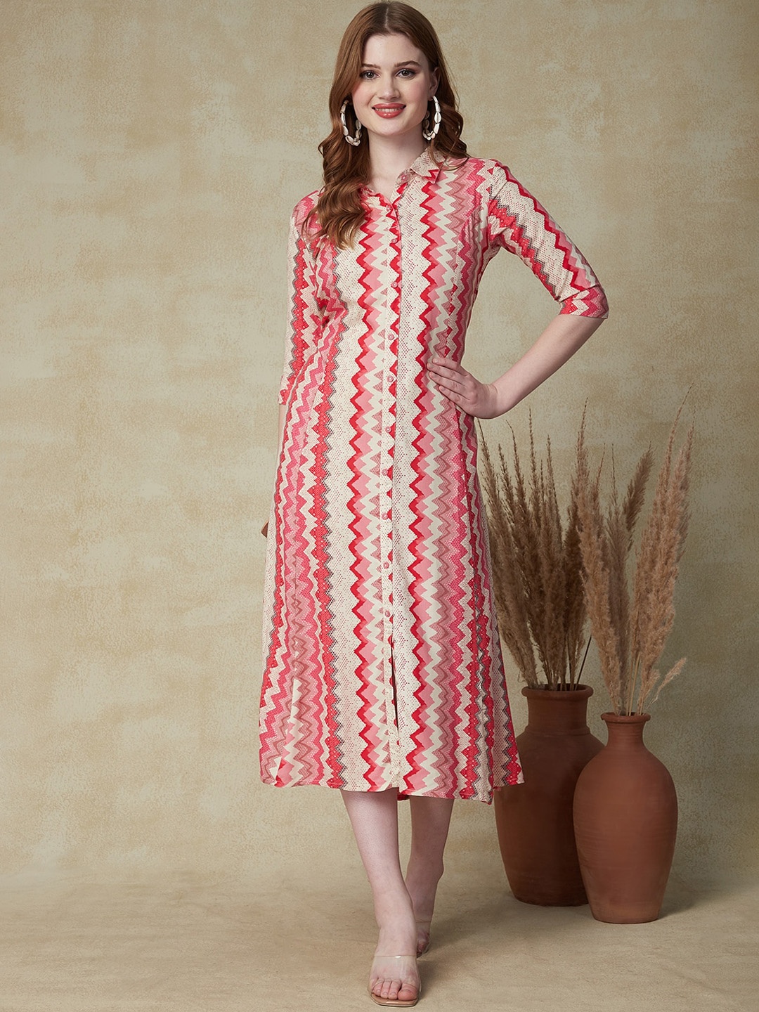FASHOR Women Chevron Printed Shirt Style Dress, Pink