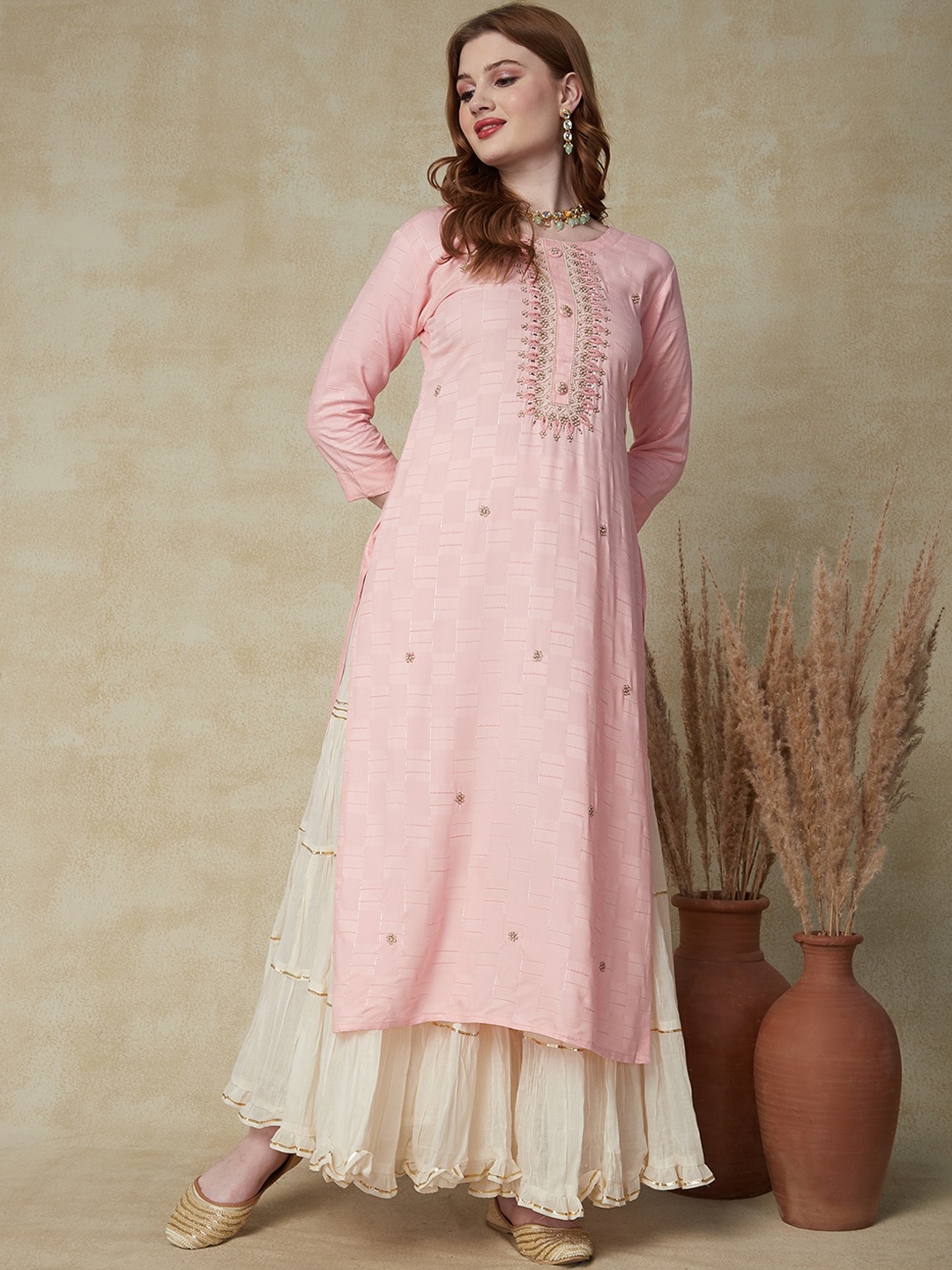 

FASHOR Yoke Design Embroidered Sequinned Straight Regular Kurta, Pink