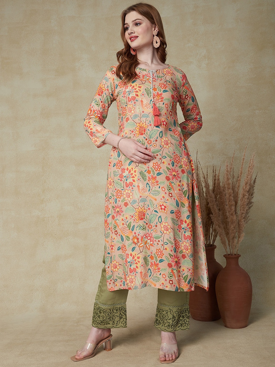 

FASHOR Floral Printed Tie-Up Neck Straight Regular Kurta, Beige
