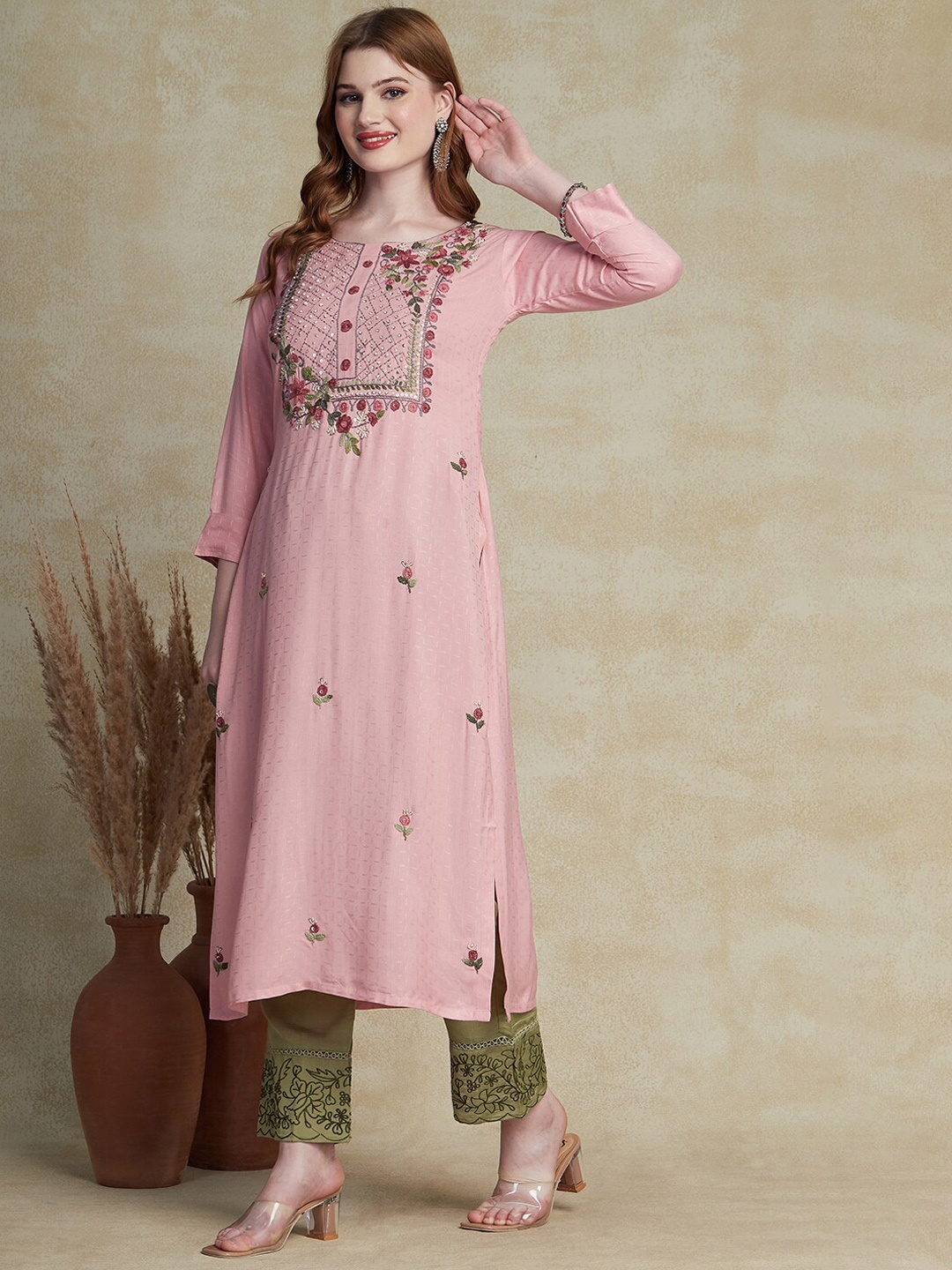 

FASHOR Floral Embroidered Sequined Straight Kurta, Pink