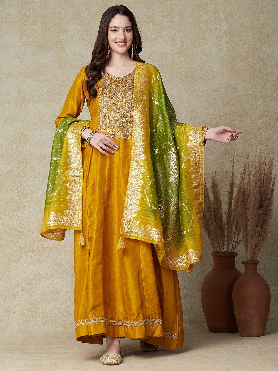 

FASHOR Embroidered Maxi Ethnic Dress With Dupatta, Mustard