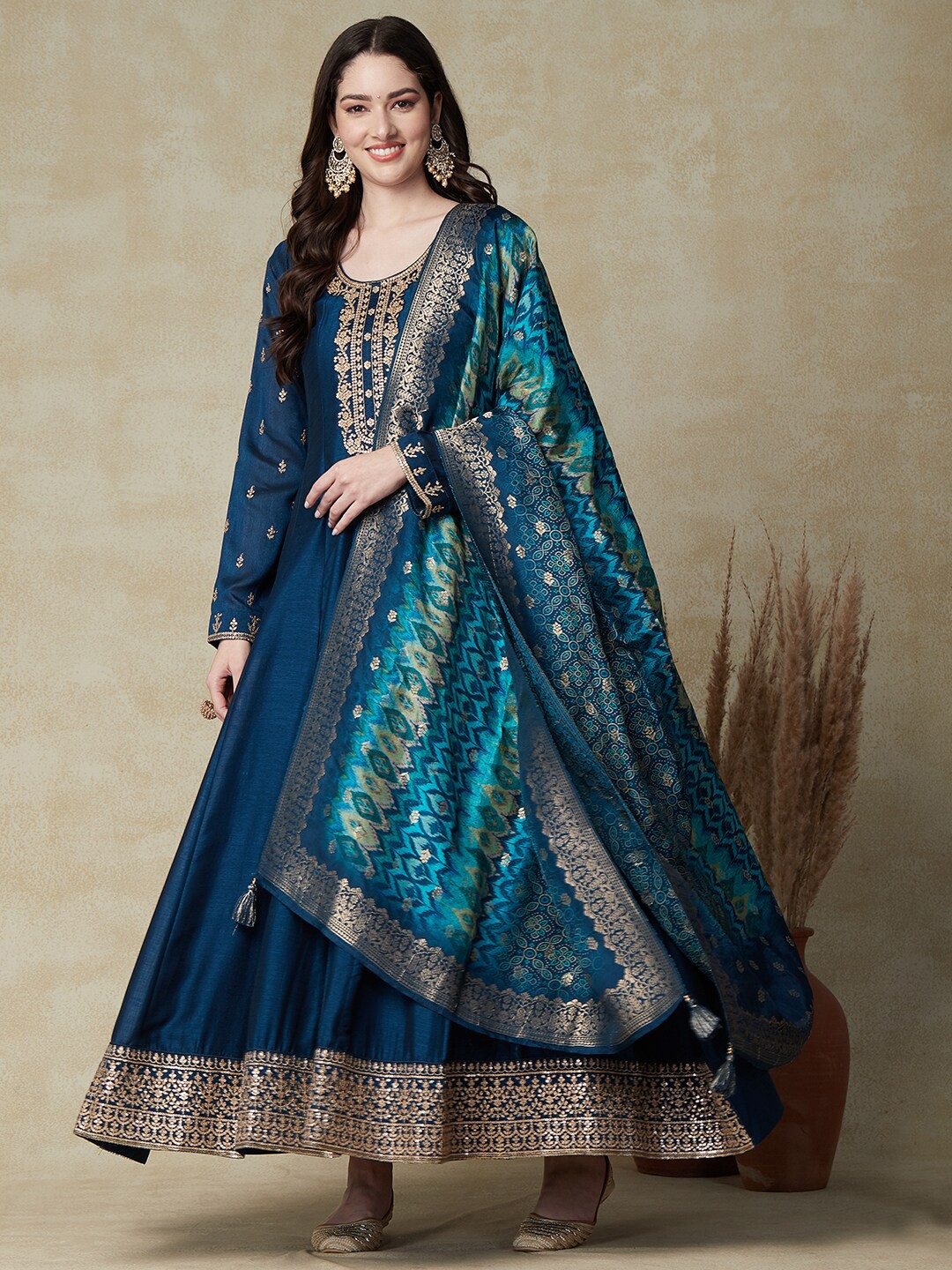 

FASHOR Embroidered Maxi Ethnic Dress With Dupatta, Blue