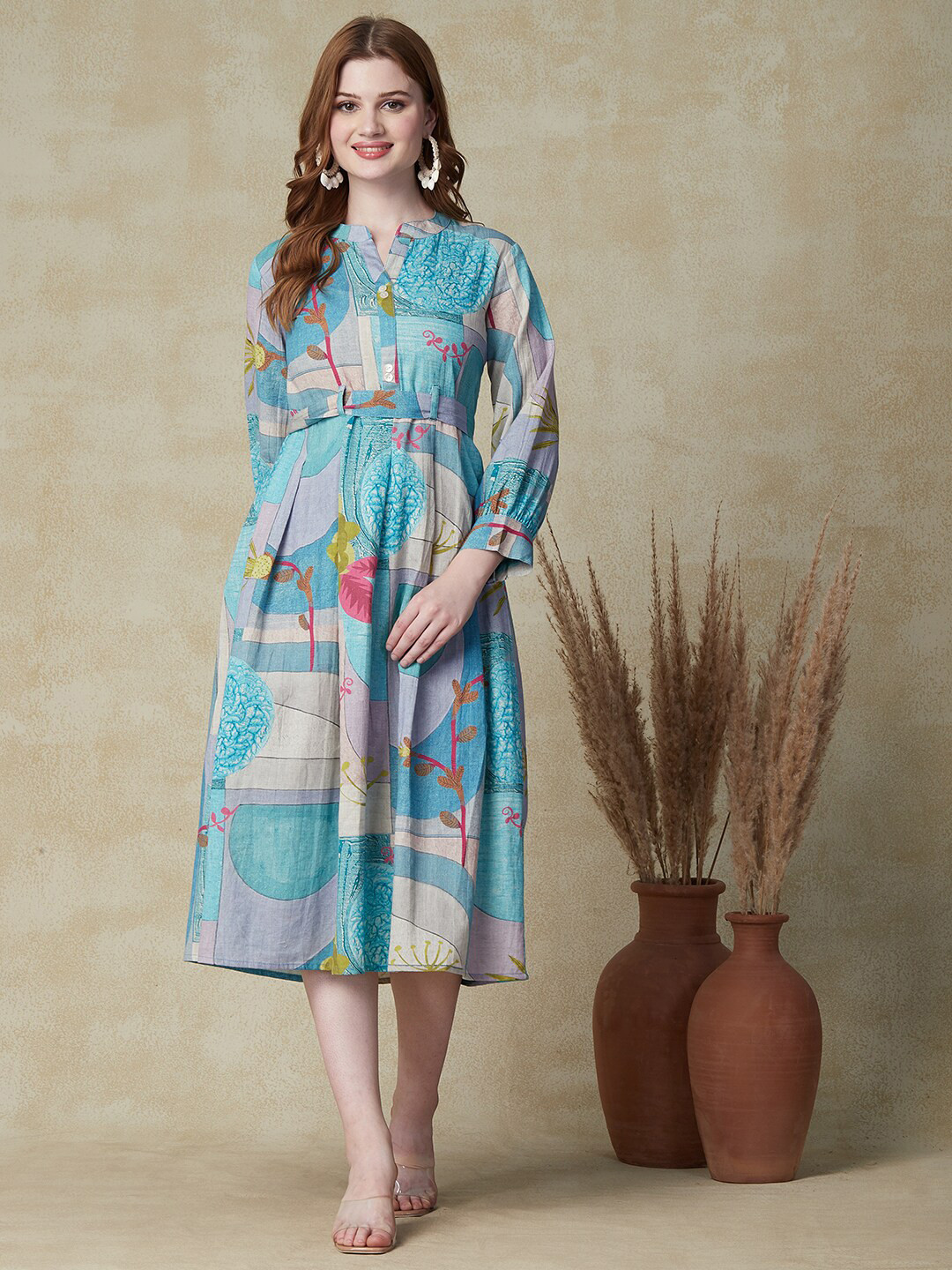 

FASHOR Floral Printed Gathered A-Line Midi Dress With Belt, Blue