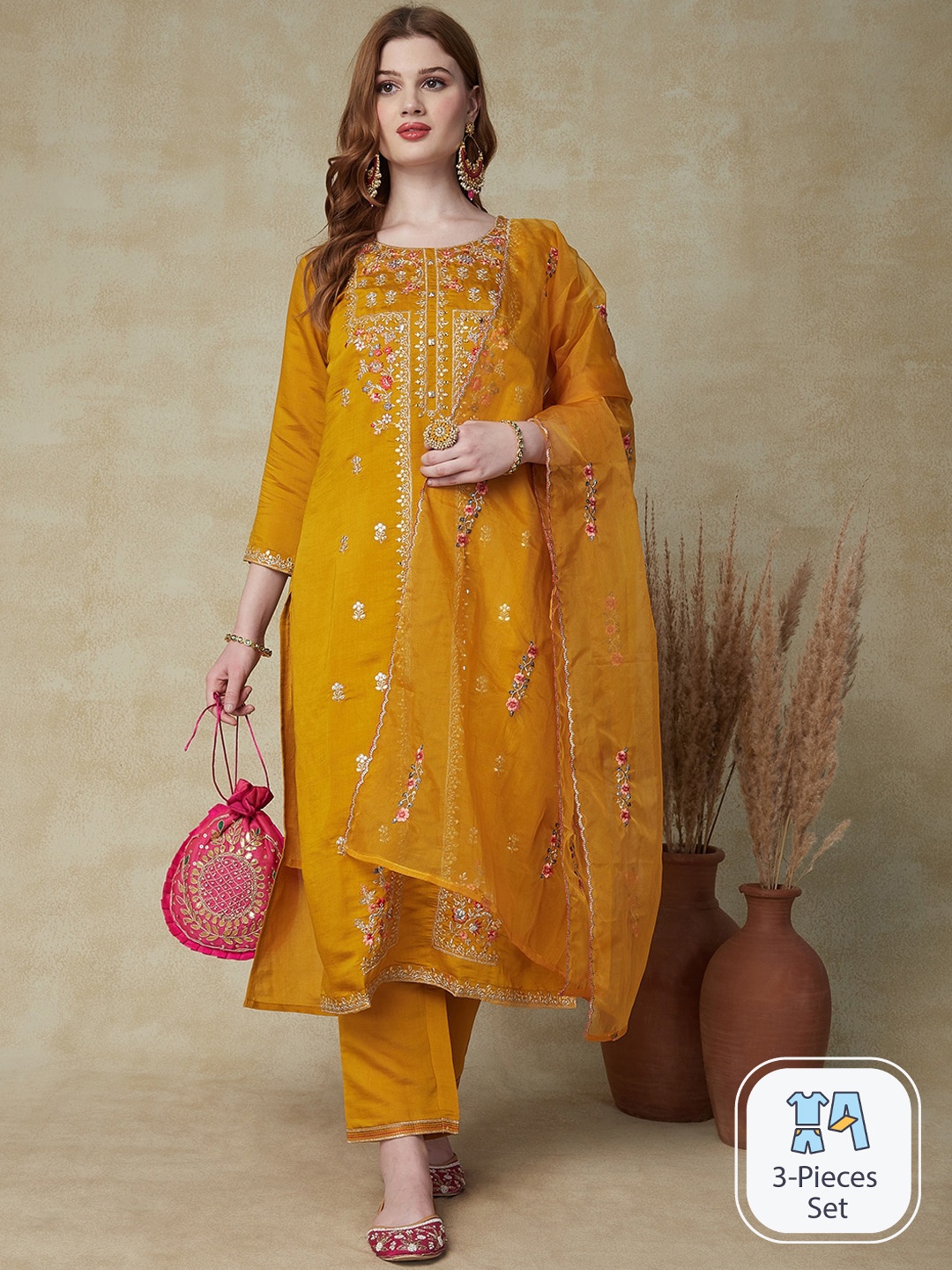 

FASHOR Floral Embroidered Mirror Work Kurta & Trousers With Dupatta, Mustard