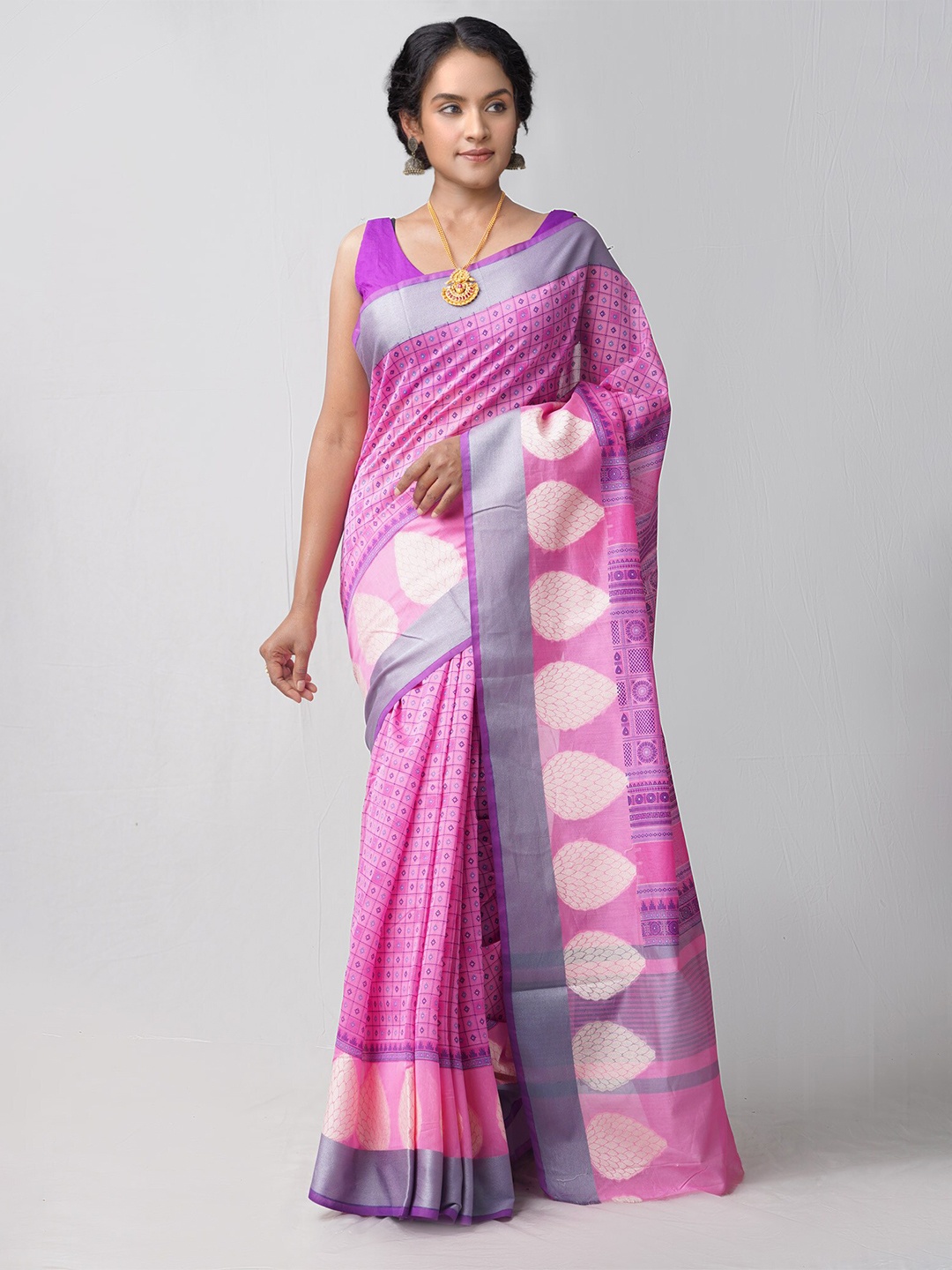 

Unnati Silks Ethnic Motifs Printed Silk Cotton Chanderi Saree, Pink