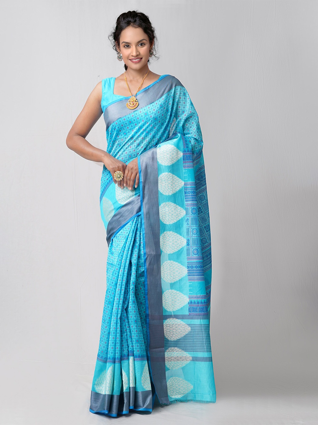 

Unnati Silks Ethnic Motifs Printed Silk Cotton Chanderi Saree, Blue
