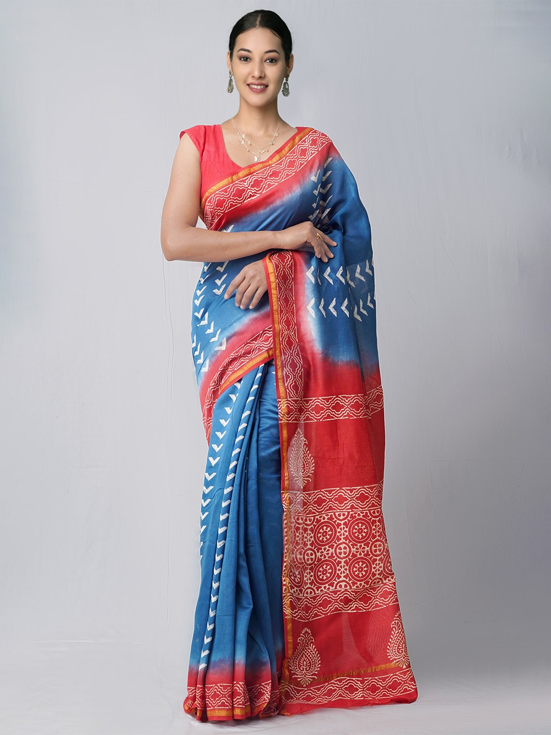 

Unnati Silks Ethnic Motifs Block Printed Zari Silk Cotton Chanderi Saree, Blue