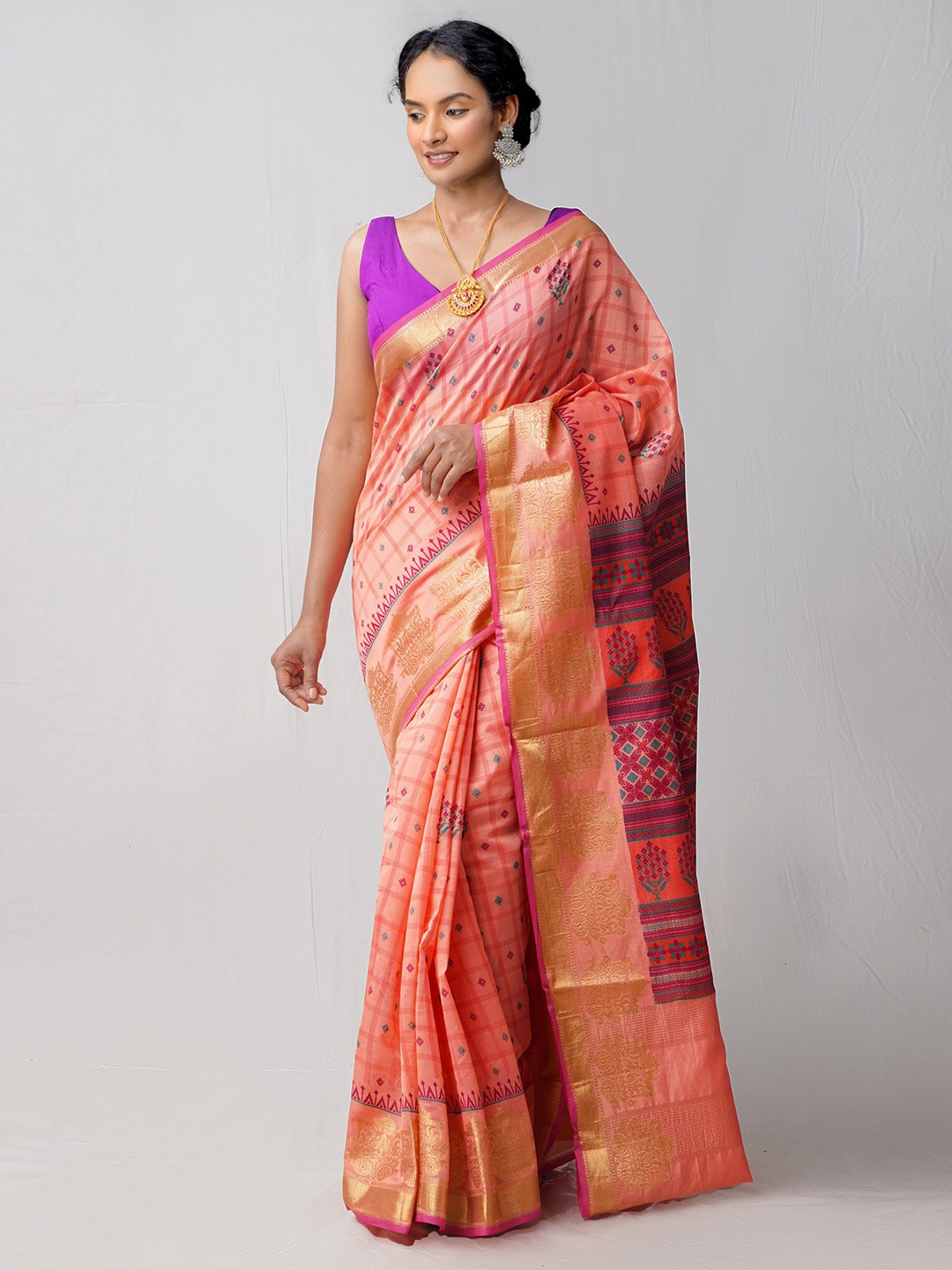 

Unnati Silks Ethnic Motifs Printed Zari Silk Cotton Chanderi Saree, Red