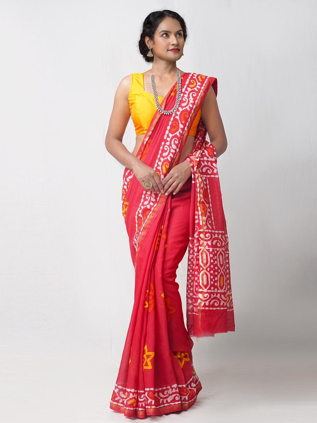 

Unnati Silks Batik Printed Silk Cotton Chanderi Saree, Red