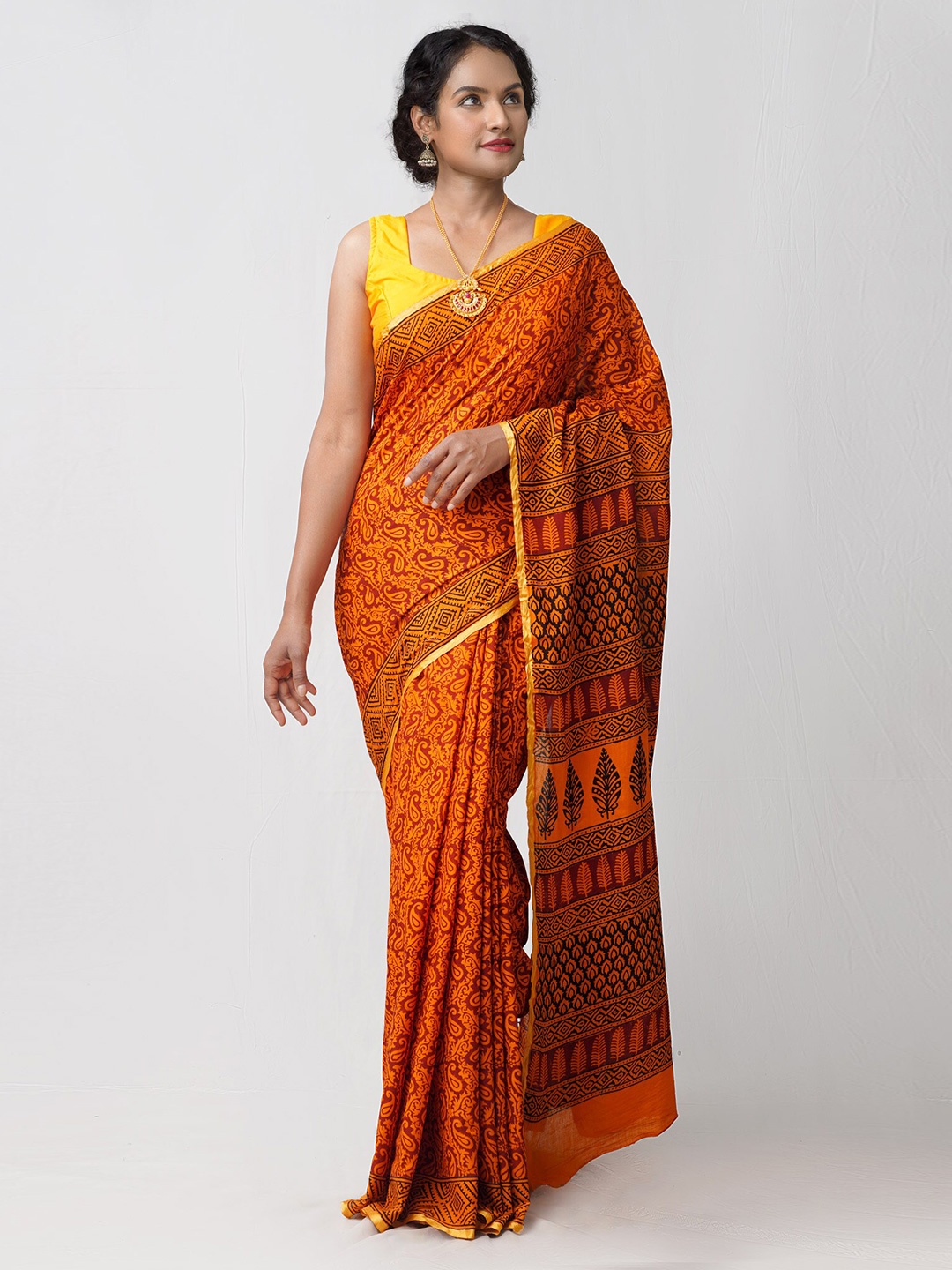 

Unnati Silks Paisley Printed Zari Pure Cotton Venkatgiri Saree, Orange