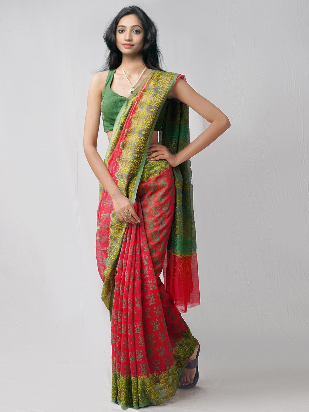 

Unnati Silks Ethnic Motifs Net Block Print Saree, Red