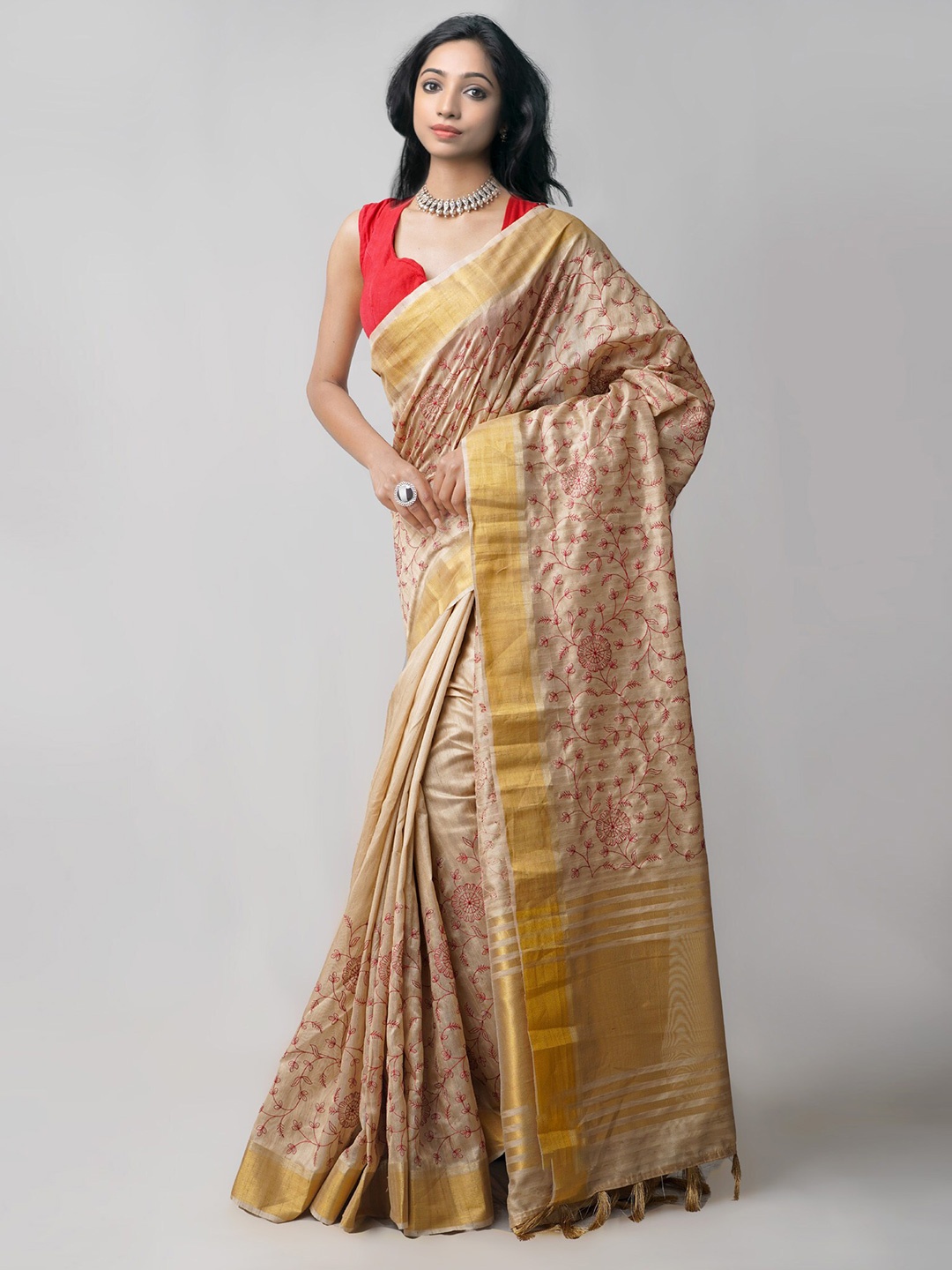 

Unnati Silks Floral Embroidered Tissue Saree, Brown