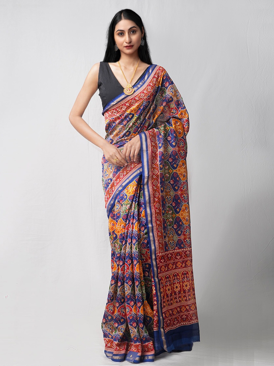 

Unnati Silks Ethnic Motifs Printed Silk Cotton Chanderi Saree, Navy blue