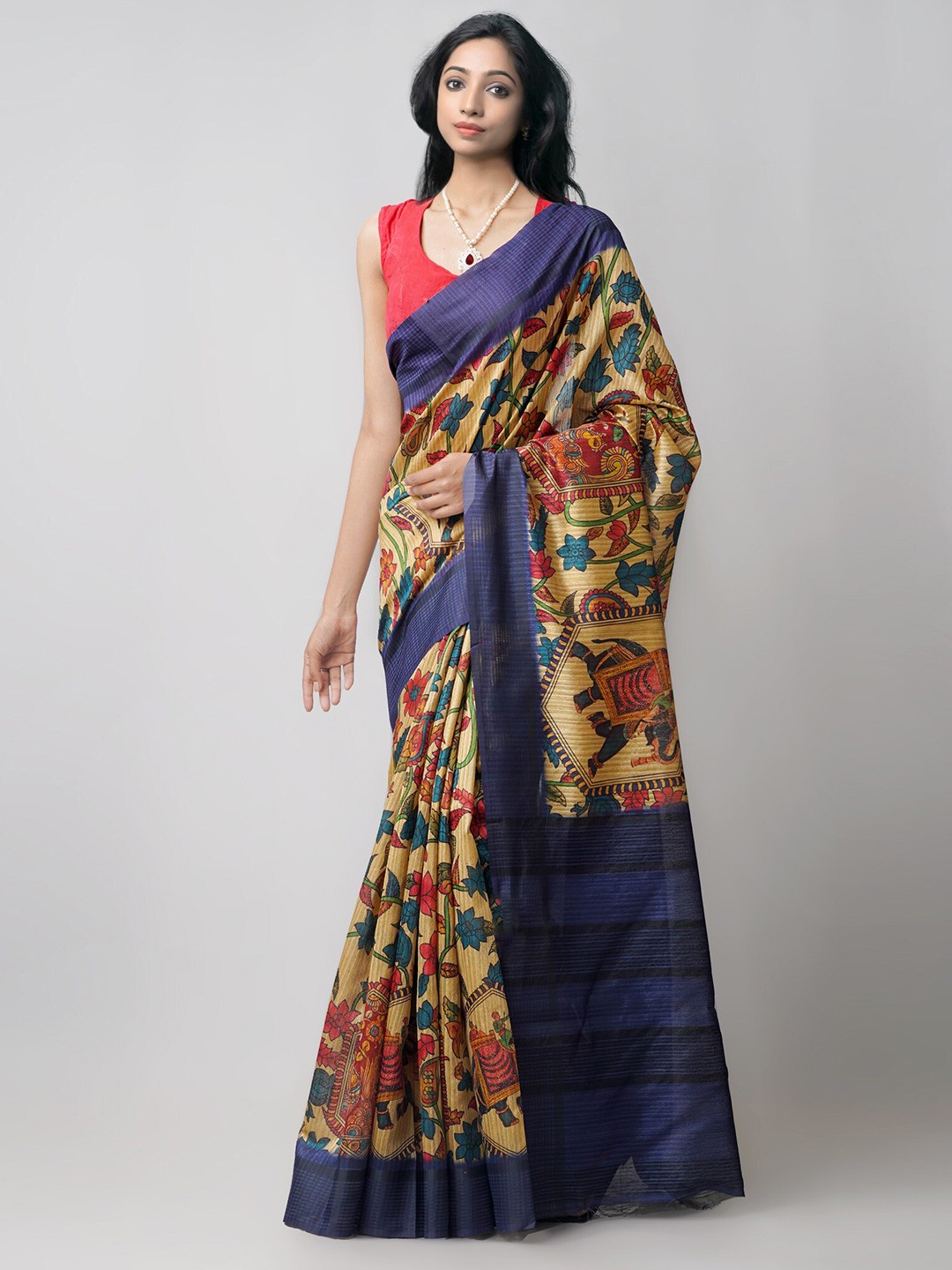 

Unnati Silks Kalamkari Printed Handloom Jute Cotton Kanjeevaram Saree, Brown