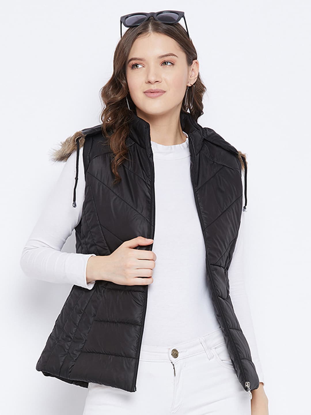 

VERO AMORE Hooded Faux Fur Trim Windcheater Padded Jacket, Black