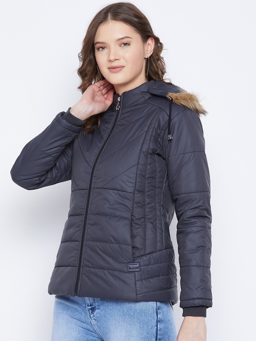 

VERO AMORE Hooded Faux Fur Trim Windcheater Padded Jacket, Navy blue