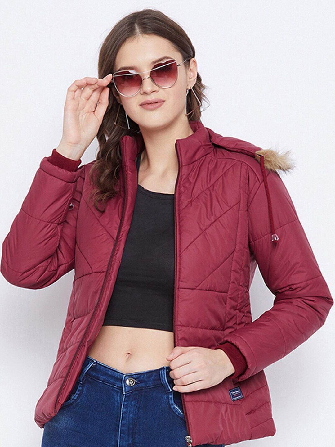 

VERO AMORE Hooded Faux Fur Trim Windcheater Padded Jacket, Red